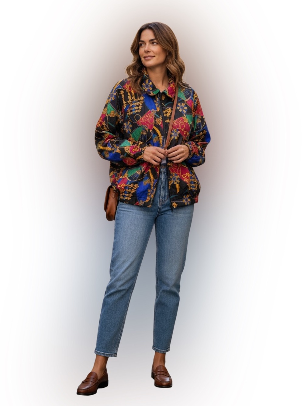 Talbots Vintage Zip Jacket Bold Baroque Chain Print Windbreaker Size Large